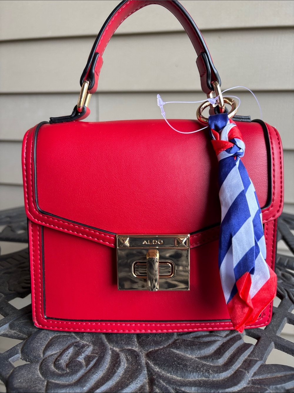 ALDO Red Handbag/Crossbody with Striped Scarf Accent
